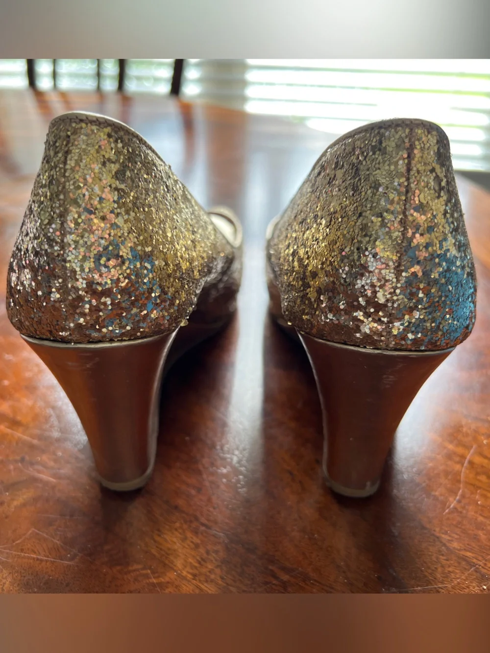 Lilly Pulitzer Gold Glitter Peep-Toe Wedges with Pink Insole